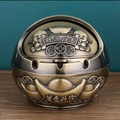 Bronze spherical metal ashtray with rotating lid featuring embossed fortune symbols - Bronze Wealth Flow