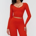 Orange brushed yoga set featuring long sleeve V-neck crop top and high waist leggings - S / Red