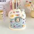 Blue and beige house-shaped piggy bank with cute stickers and carry handle - Blue Mushroom House (Stickers + Patches)