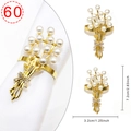 Golden flower napkin ring with pearls and rhinestones, shown in 60 pieces with dimensions - Golden Pearl Rhinestone Bouquet Style
