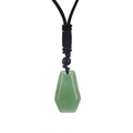 Macro detail of hexagonal light green stone pendant with black braided cord necklace - Green Aventurine