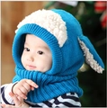 Blue knit baby hood scarf with plush puppy ears, fleece lined for winter warmth - Blue