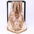 Elegant champagne satin silk scarf featuring vintage carriage and chain prints - Belt Stirrup Khaki (SD90-05-3)