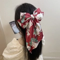 Elegant red floral satin bow hair clip with camellia pattern on long ribbon hair accessory - Red