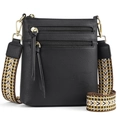 Detail of black pebbled leather crossbody bag with dual zippers and colorful woven strap - Black