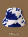 Blue and white cow print faux fur fisherman hat with soft plush winter texture - Cow Print Bucket Hat - Blue