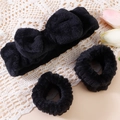 Black coral fleece headband with bow and matching wristbands for face washing - 3-Piece Headband Set / Black