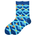 Men's crew socks featuring vibrant geometric diamond patterns in blue, orange and yellow - 38-46 / Blue Orange Argyle Geometric