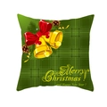 Detail of Christmas pillowcase with green plaid, golden bells and Merry Christmas text - Green Plaid Bells - Plaid