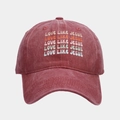 Detail of multi-color Love Like Jesus embroidery on burgundy washed cotton baseball cap - Adjustable / Burgundy