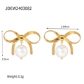 18k gold plated stainless steel bowknot earrings with elegant white hanging pearls - Woven Texture Bowknot Pearl Style (JDEW2403082)
