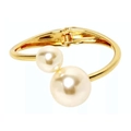 Fashionable gold open bangle featuring two elegant white pearls in an asymmetric design - Double Pearl Spring Open (SZYS-018HJ-J)