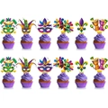 Σετ 12 cupcakes Mardi Gras με μοβ γλάσο και εορταστικά διακοσμητικά σε λευκό φόντο - Διακοσμητικά Cupcake Mardi Gras