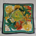 Elegant square silk scarf featuring a vibrant realistic floral print on white background - Green Floral Small Square Scarf / 65