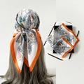 Floral and bird print white satin scarf with orange border shown as a hair wrap - L7349-White