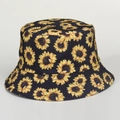 Minimalist black cotton bucket hat with vibrant sunflower floral print for sun protection - M (56-58cm) / Black