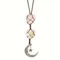 Pendaglio di cristallo naturale rosa e giallo con luna e stella intrecciate a mano - Quarzo Rosa e Citrino
