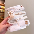 Cute cream-colored children hair clip set with knit flowers and plush bear decorations - White Plush 10pcs Set