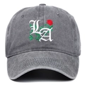 Close-up of grey washed cotton baseball cap with LA gothic letters and rose embroidery - Gray