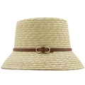 French vintage straw bucket hat with leather band and gold buckle on white background - Gold Buckle Leather Belt Style (JX-S77621)