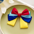 Detail van satijnen strik haarspeldjes in rood en blauw op een decoratief groen bord - Multicolor Strik