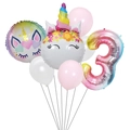 Detailed set of unicorn and rainbow balloons with pink latex spheres for a 3rd birthday party - Birthday Unicorn Set Number 3