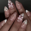 Nude pink almond press-on nails with white French tips, 3D flowers, and pink bows - 3D Bowknot Small Flower (DS39) - Black Jelly Glue