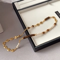 Tiger eye stone and pearl patchwork necklace with golden Marina chain details - Tiger Eye Pearl Necklace XL0195