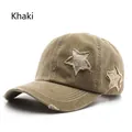 Khaki washed vintage baseball cap featuring distressed star patches with gold glitter - Khaki