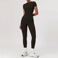 Women's black slim fit yoga set with short sleeve top and high waist leggings - S / T-shirt + Leggings Black Coffee