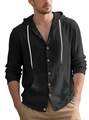 Camisa de lino negro para hombre con capucha, botones frontales y cordón ajustable - S / Negro