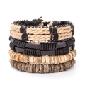 Close-up of multilayer leather bracelets with woven hemp ropes and wooden beads detail - L10-Beige Black Hemp Rope Wood Beads Set