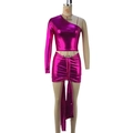 Hot pink metallic one-shoulder crop top and bodycon skirt set for party wear - S / Rose Red