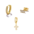 Golden brass earring set with 18K gold plating, cubic zirconia, and cross charm - Gold Cross 3-Piece Earring Set (#54)