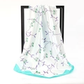 Silky satin square scarf featuring white floral print and turquoise blue border - Green Five-petal Flower (SD90-28-2)
