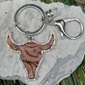Western style leather bull head keychain with embossed patterns and shiny rhinestones - Brown Retro Embossed