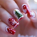 Macro shot of festive Christmas press-on nails featuring red, white, and snowflake patterns - Classic Christmas Red White Glossy Snowflake Style (CW807)