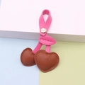 Pink and brown PU leather cherry-shaped keychain pendant with gold snap button - Rose Stem Coffee Fruit