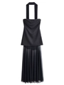 Detail view of black halter neck top and sheer mesh skirt set for a chic evening look - XS / Black