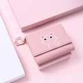 Pink cartoon cat wallet detail with cat paw zipper pull and compact tri-fold design - Pink