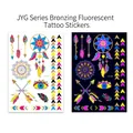 Neon gold feather tattoo sticker JYG-007 showing regular vs UV light glowing effect - Bronzing Fluorescent JYG-007