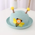 Cute light blue children's straw hat with bee patch and yellow pompom details - Hat Only / Mint Green