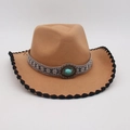 Cappello da cowboy cammello con fascia etnica turchese e bordo smerlato nero - Taglia unica / Cammello Bordo Nero (Pietra Blu Ovale)