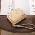 Beige PU leather card holder with cherry pattern and golden metal frame strap - 9 Card Slots + 2 ID Windows + Button Compartment / Apricot