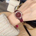 Midali luxury women's watch with golden diamond case and red leather strap on wrist - Gold/Red (Rhinestone Minimalist Midali)