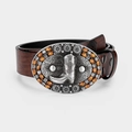 Vintage bruine leren damesriem met grote cowboylaars gesp en oranje kralen versiering - Cowboylaars Stijl
