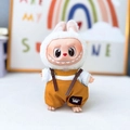 Labubu Zimomo doll wearing white rabbit plush jumpsuit and brown corduroy overalls - Crown Belt Overalls Set (yellow) / First And Second Generation Keychains Are Compatible With La Cloth Dolls. Dolls Not Included.