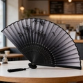 Classic folding fan with black and white gradient, bamboo leaves and dragonfly pattern - Style 38 (New Style)