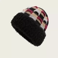 Winter knitted beanie with checkerboard pattern and thick black faux fur trim for women - Color Block Plaid-Black