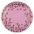 Pink disposable paper plates with elegant gold foil polka dots for party table decor - Large Paper Plates